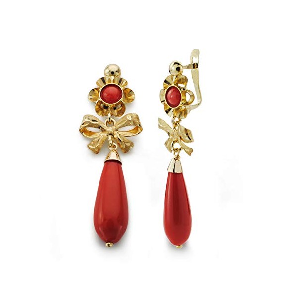 Pendientes Oro 18K, con perillas color rojo coral Pendientes Oro 18K, con perillas color rojo coral