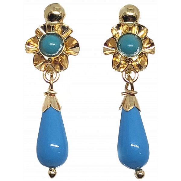 Pendientes Oro 18 Kilates Cubanitas Azul Turquesa