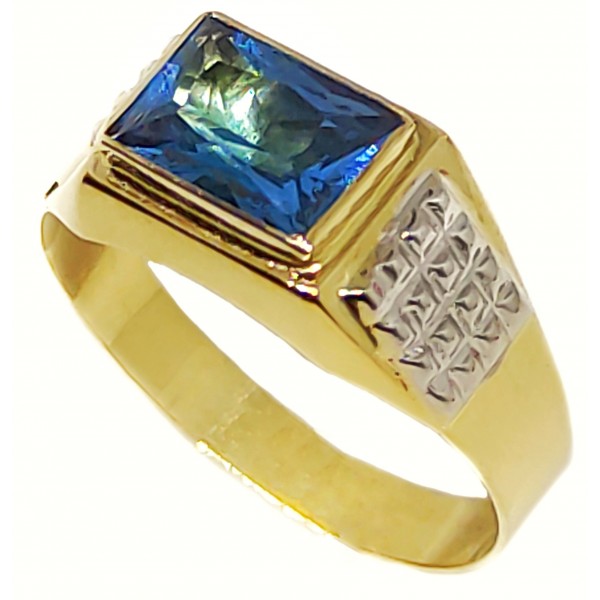 Sortija de Oro 18 Kilates Bicolor con Piedra Azul