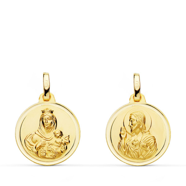 Medalla Escapulario de Oro de 18 Kilates muy Bonita, con la Virgen del Carmen y Corazón de Jesús de 16 mm