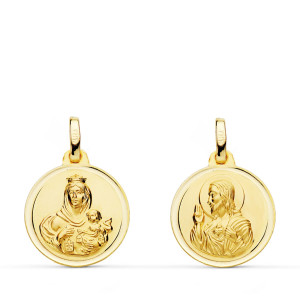 Medalla Escapulario de Oro de 18 Kilates muy Bonita, con la Virgen del Carmen y Corazón de Jesús de 16 mm
