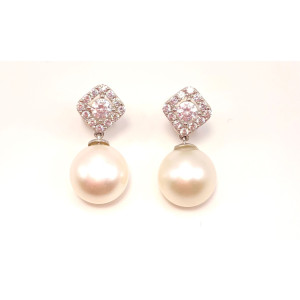 Pendientes Oro Blanco 18 Kilates Perla y Circonitas