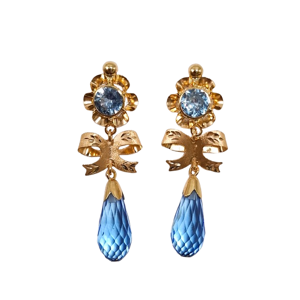 Pendientes de Oro de 18 Kilates Largos Con Lazo y Chupon Azul Pendientes de Oro de 18 Kilates Largos Con Lazo y Chupon Azul