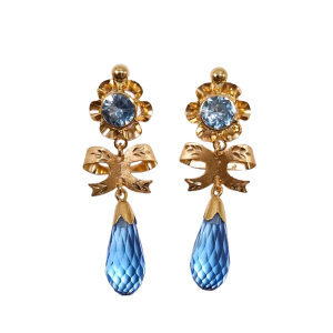 Pendientes de Oro de 18 Kilates Largos Con Lazo y Chupon Azul
