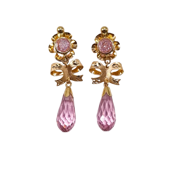Pendientes de Oro de 18 Kilates Largos Con Lazo y Chupon Rosa Pendientes de Oro de 18 Kilates Largos Con Lazo y Chupon Rosa