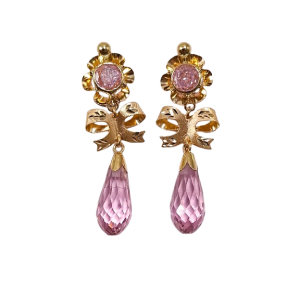 Pendientes de Oro de 18 Kilates Largos Con Lazo y Chupon Rosa